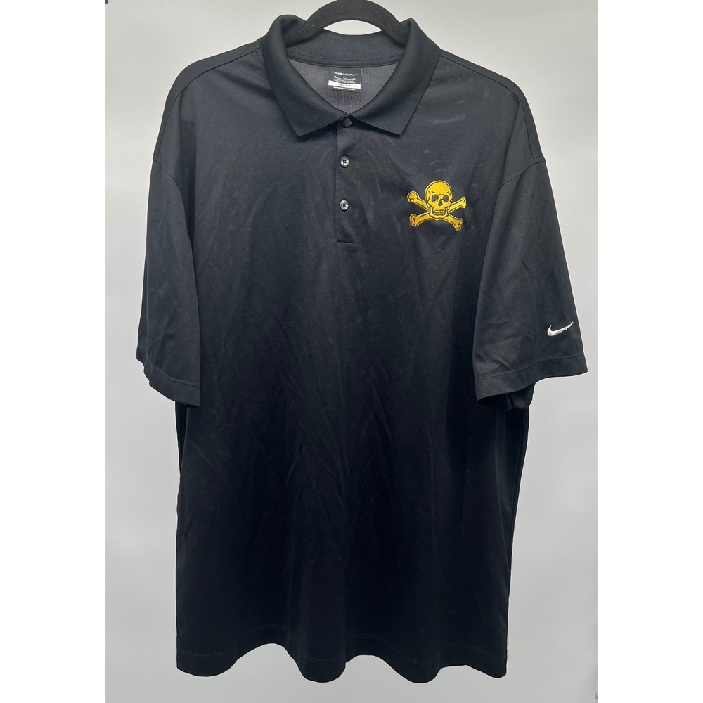 Nike Golf Mens XL Dri-FIT Polo Shirt Black Gold Skull Crossbones Swoosh Logo‎